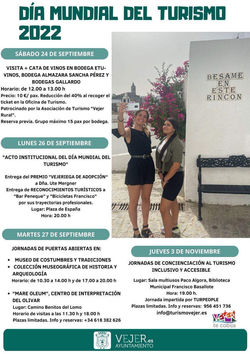 VEN A CELEBRAR CON NOSOTROS EL DÍA MUNDIAL DEL TURISMO. Adjuntamos el cartel con las actividades programadas ¡Invitad@s quedáis! 
#vejerdelafrontera #diamundialdelturismo #vejertecobija