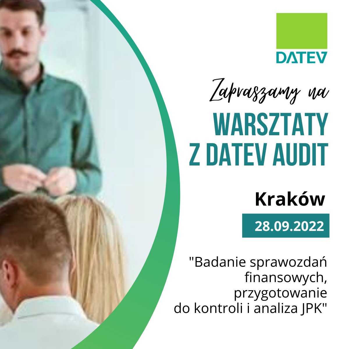 Tym razem zawitamy w Krakowie :-)

i ponownie bardzo serdecznie zapraszamy na Warsztaty z DATEV Audit – badanie sprawozdań finansowych, przygotowanie do kontroli i analiza 
JPK 

Więcej informacji:
datev.pl/warsztaty-z-da…