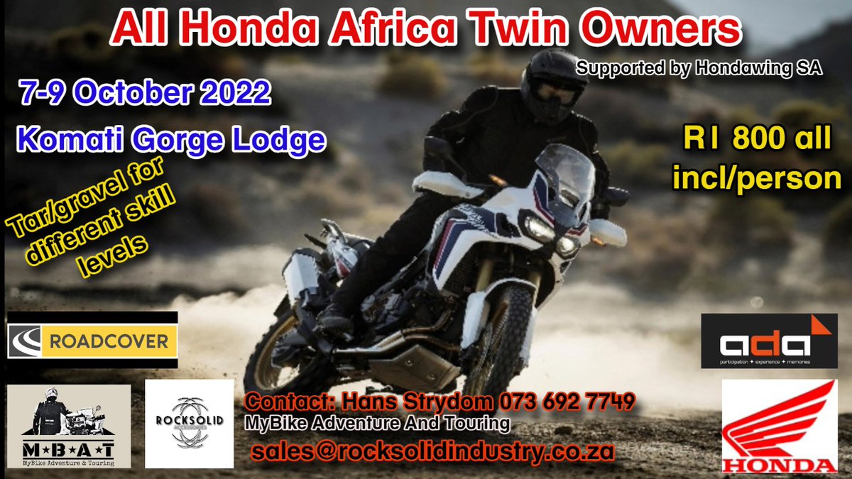 RoadCover's tweet photo. RoadCover is proud to be sponsoring the marshalls for the annual Honda Africa Twin National Gathering. You don't want to miss out on this spectacular event!

@HondaWingSA 
@hondawingbrits

#hondawingsa #hondawingsandton #hondawingbrits #roadcover #mbat #mybikeadventuresandtours https://t.co/kn7G2k4fzq