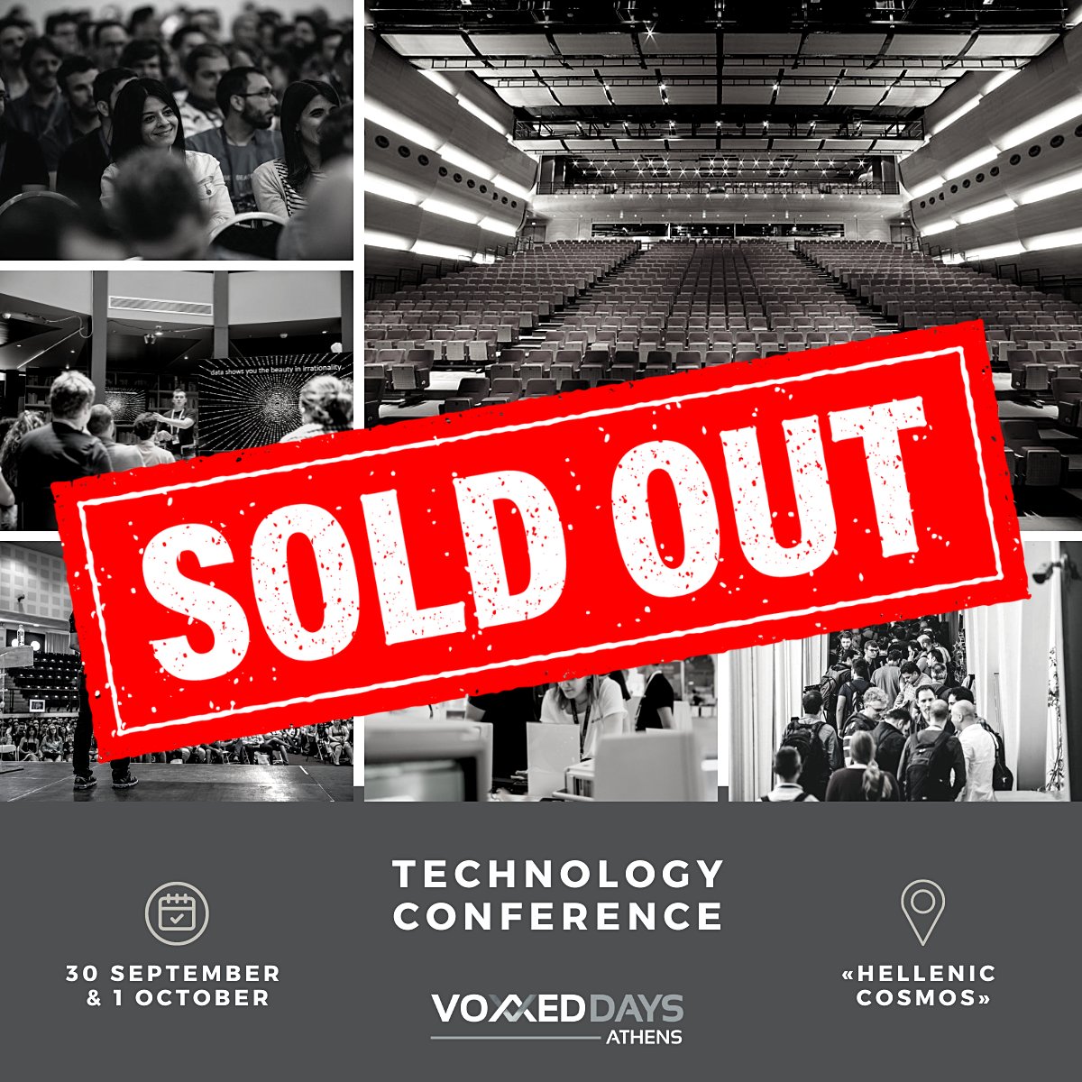 DevoxxGR's tweet photo. EVENT STATUS: 🎉 𝗦𝗢𝗟𝗗 𝗢𝗨𝗧 🥳 
We can't thank you enough for your support and for believing in our passion for #technology! 𝟵𝟬𝟬 #techlovers will join the biggest #tech gathering in #Greece and we are super excited and grateful 🙏 See you there 🤩 

#vdathens2022 https://t.co/tcoYPLpNrs
