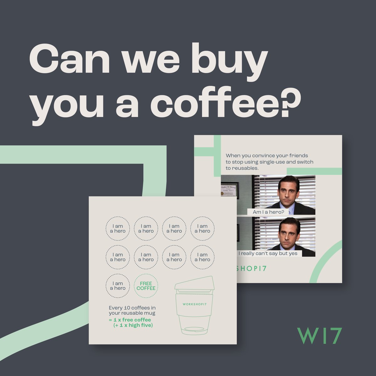 Workshop17za's tweet photo. Introducing our new loyalty cards 💳 For every coffee sipped in your W17 mug you'll earn a hero stamp ♻️ Collect 10 stamps and enjoy a free coffee on us with a ✨crisp✨ high five 🙌 

Chat to your Workshop17 Barista today to purchase your W17 mug and receive your loyalty card. https://t.co/g09y8lBhXT