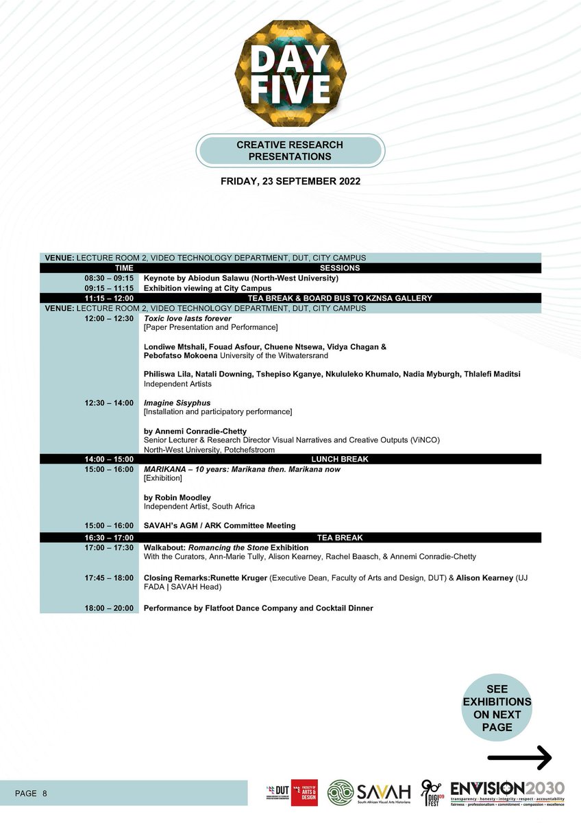 It's DAY 5 &amp; the last day of #DUTDigiFest9 #ARK2022
This morning, we had Abiodun Salawu's keynote address. Later, we head to <a href="/kznsagallery/">KZNSA</a> for a fun-filled day of performances, installations and exhibitions 🎭We end with a cocktail dinner &amp; performance by <a href="/FlatfootDanceCo/">FlatfootDanceCompany</a>