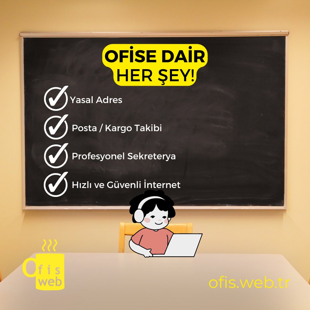 Şirketiniz için yasal adres sunan, kargo ve postalarınızın takip edildiği, telefonlarınızın profesyonel bir sekreter tarafından cevaplandığı, hızlı ve güvenli internete erişebileceğiniz hazır ofislerimizde siz de yerinizi ayırtın! Detaylı bilgi için: ofis.web.tr