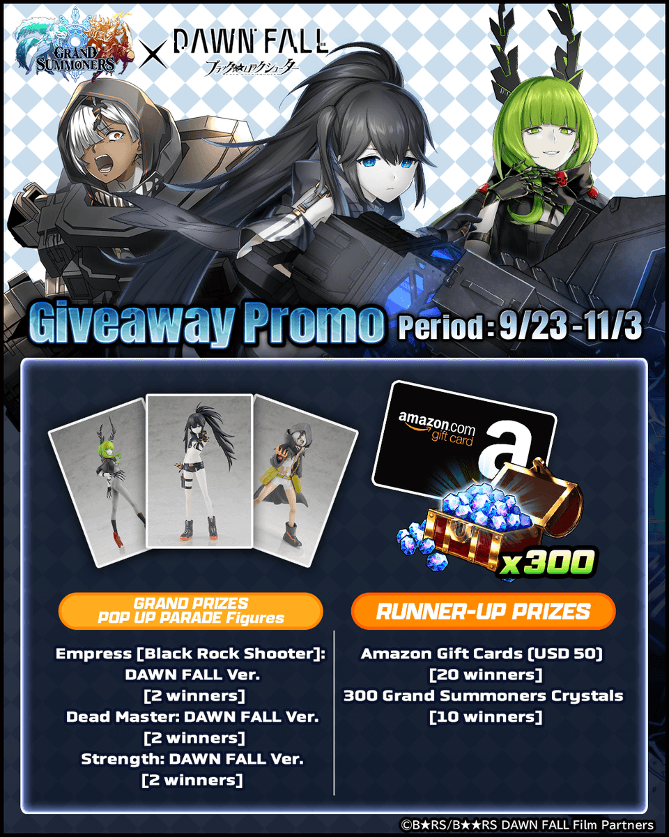 GRDSMN_GLOBAL's tweet photo. Enter the Black Rock Shooter #Giveaway for a chance to win awesome prizes! ✨

Check out what's up for grabs!
https://t.co/X8pcMAHEQJ

Promo Period: until 11/3 PDT
#GrandSummoners #BlackRockShooter #DawnFall #BRS #BRSDF https://t.co/TwTLDAK6Lw