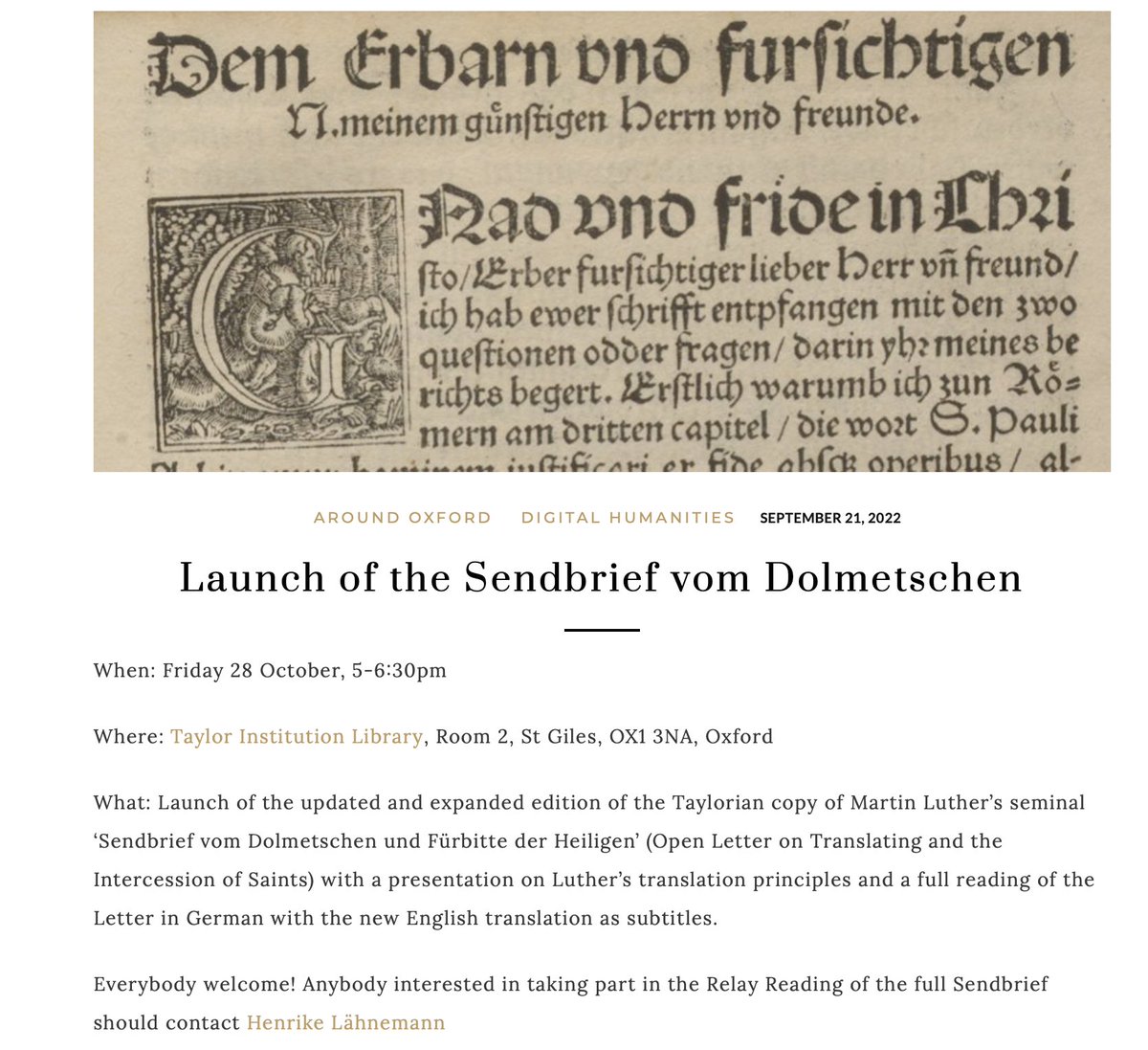 Call for readers! On 28 Oct we'll launch the much expanded edition &amp; translation of the #Reformazing "Sendbrief vom Dolmetschen" &amp; will do a full public reading <a href="/TAYOxford/">INACTIVE Taylor Institution Library (Taylorian)</a> historyofthebook.mml.ox.ac.uk/launch-of-the-…