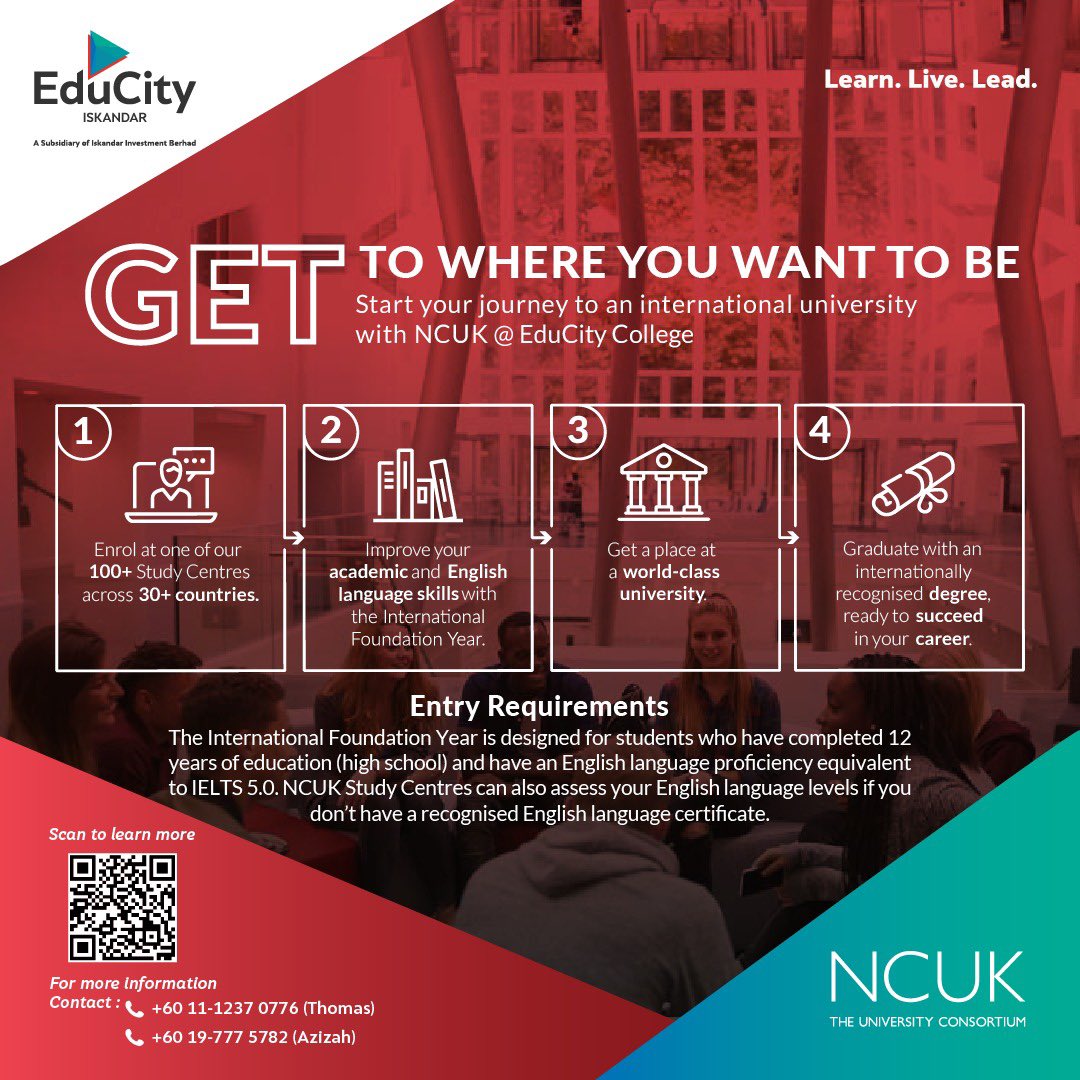 educityofficial's tweet photo. Get to where you want to be with NCUK @ EduCity College now!

Realise your dreams by starting your university journey to an international university by applying to the NCUK IFY programme at EduCity College. (1/3) https://t.co/awwWnIAdhf