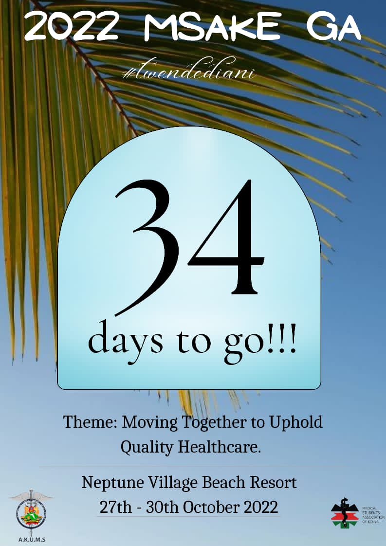 Only 34 days to go!!!💯😌
#twendediani
<a href="/MSAKE_Kenya/">MSAKE</a> <a href="/KenyaMedics_KMA/">Kenya Medical Association</a> <a href="/KMANairobi/">KMA Nairobi</a> <a href="/kmasacco/">KMA Regulated NWDT Sacco</a> <a href="/kmpdu/">KMPDU</a> <a href="/Amref_Kenya/">Amref Health Africa in Kenya</a> <a href="/KenyaHealthcare/">KEHSS - Kenya Healthcare Students' Summit</a> <a href="/AMRNowKe/">AMR Now</a> <a href="/SCORE_Ke/">SCORE KENYA</a> <a href="/SCORA_Kenya/">🇸​🇨​🇴​🇷​🇦​ 🇰​🇪​🇳​🇾​🇦</a> <a href="/SCOME_Kenya/">SCOME</a> <a href="/scoph_kenya/">SCOPH MSAKE</a> <a href="/ScomhK/">SCOMH-KENYA💛</a> <a href="/SCORP_KE/">SCORP_Kenya</a> <a href="/Respekt_kd/">RESPEKT</a>