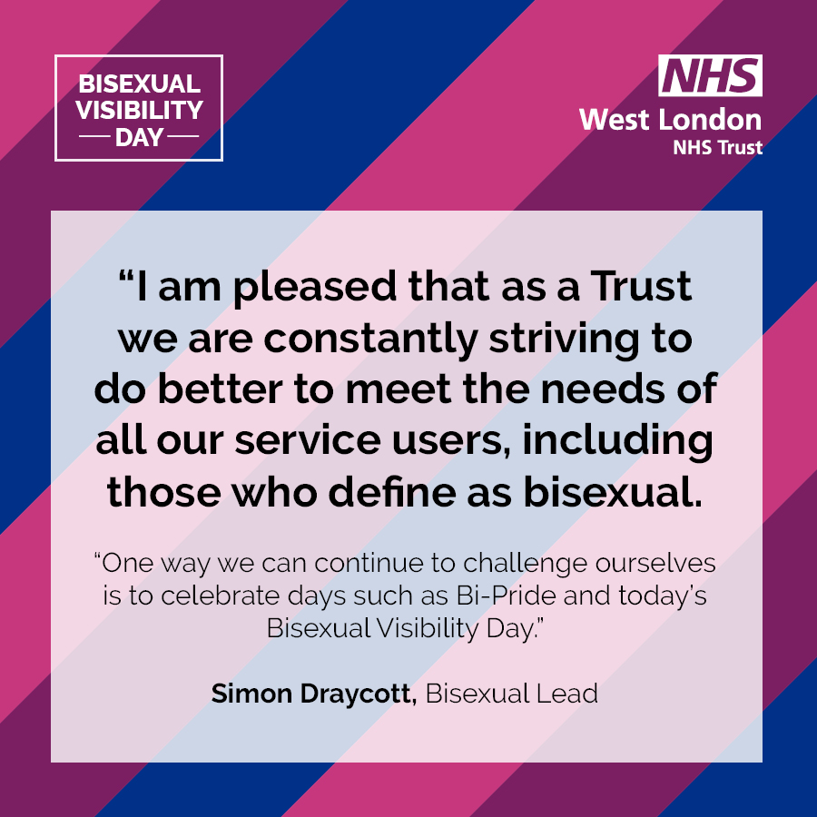 westlondonnhs's tweet photo. We're proud to support Bi Visibility Awareness Day today 💜. Marked each year since 1999, Bi Visibility Day raises bi awareness and celebrates #bisexuality. Simon Draycott, our Trust Bisexual Lead says how celebrating the day is 'one way we can continue to challenge ourselves.'👏 https://t.co/ZZVtSqU4IS
