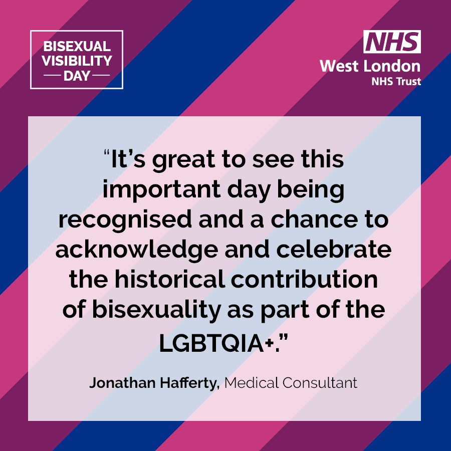 westlondonnhs's tweet photo. We're proud to support Bi Visibility Awareness Day today 💜. Marked each year since 1999, Bi Visibility Day raises bi awareness and celebrates #bisexuality. Simon Draycott, our Trust Bisexual Lead says how celebrating the day is 'one way we can continue to challenge ourselves.'👏 https://t.co/ZZVtSqU4IS