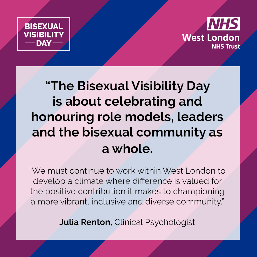 westlondonnhs's tweet photo. We're proud to support Bi Visibility Awareness Day today 💜. Marked each year since 1999, Bi Visibility Day raises bi awareness and celebrates #bisexuality. Simon Draycott, our Trust Bisexual Lead says how celebrating the day is 'one way we can continue to challenge ourselves.'👏 https://t.co/ZZVtSqU4IS