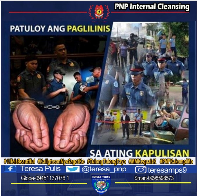 teresa_pnp's tweet photo. #PNPInternalCleansingProgram
#LifeIsBeautiful
#KaligtasanNyoSagotKo
#TulongTulongTayo
#MKKequalsK
#PNPKakampiMo
#WeServeAndProtect
#TeamPNP
#TeamCALABARZON
#teameffort https://t.co/mX7Yfs1YEW