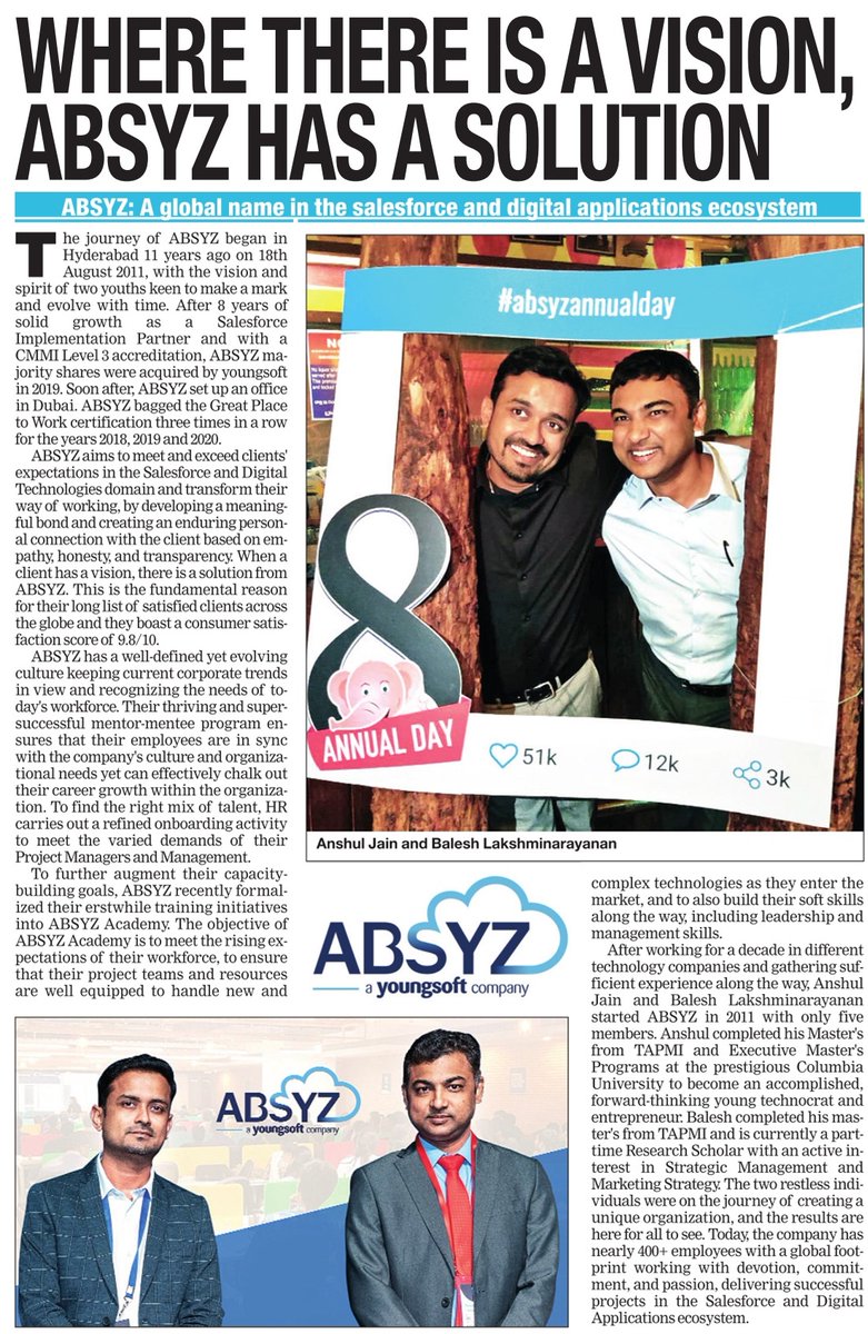 It is a proud moment for <a href="/absyz/">ABSYZ Software Consulting Pvt. Ltd.</a> to be a part of an article published by <a href="/timesofindia/">The Times Of India</a>, as we have owned a global name in the <a href="/salesforce/">Salesforce</a> &amp; Digital applications ecosystem with a CMMI Level 3 accreditation as #Salesforce Implementation Partner. epaper.timesgroup.com/the-times-of-i… #lifeatabsyz