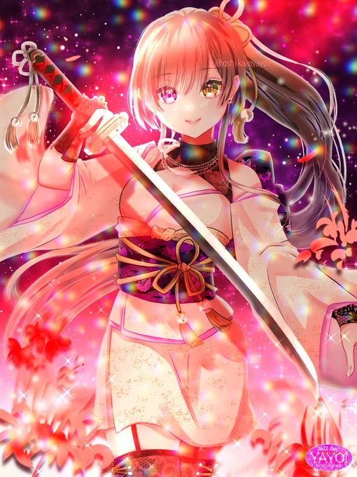 彼岸の防人 #彼岸花 #着物 #刀 #秋分の日 #ポニーテール #オッドアイ #女の子 #ibispaint #イラスト #pixiv  
