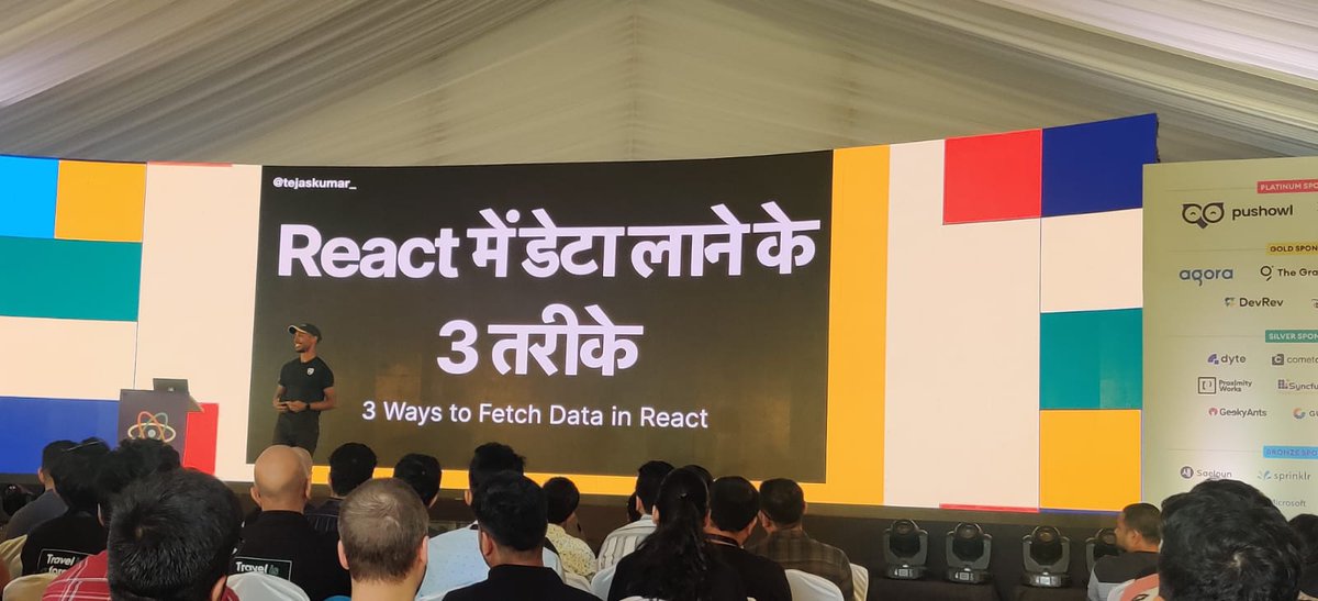 Thanks, <a href="/tejask/"></a>  to explore different ways to fetch data in React.
I learned new techniques instead of traditional methods, and it really helps for the React projects!! The first person who present slides in Hindi! 
Awesome!! 

<a href="/react_india/">React India 🇮🇳</a> #ReactIndia #reactindia2022