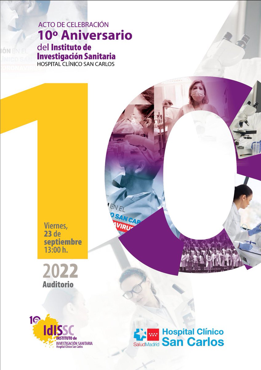iClinicoMadrid's tweet photo. Hoy queremos celebrar con vosotros el #XAniversarioIDISSC en el Auditorio del Hospital Clínico San Carlos a las 13:00 h. diez años compartiendo trabajo, esfuerzo y alegrías en la innovación y la investigación @iis_idissc @iClinicoMadrid @juliomayol @SusanasGil https://t.co/3Ks4faiusO