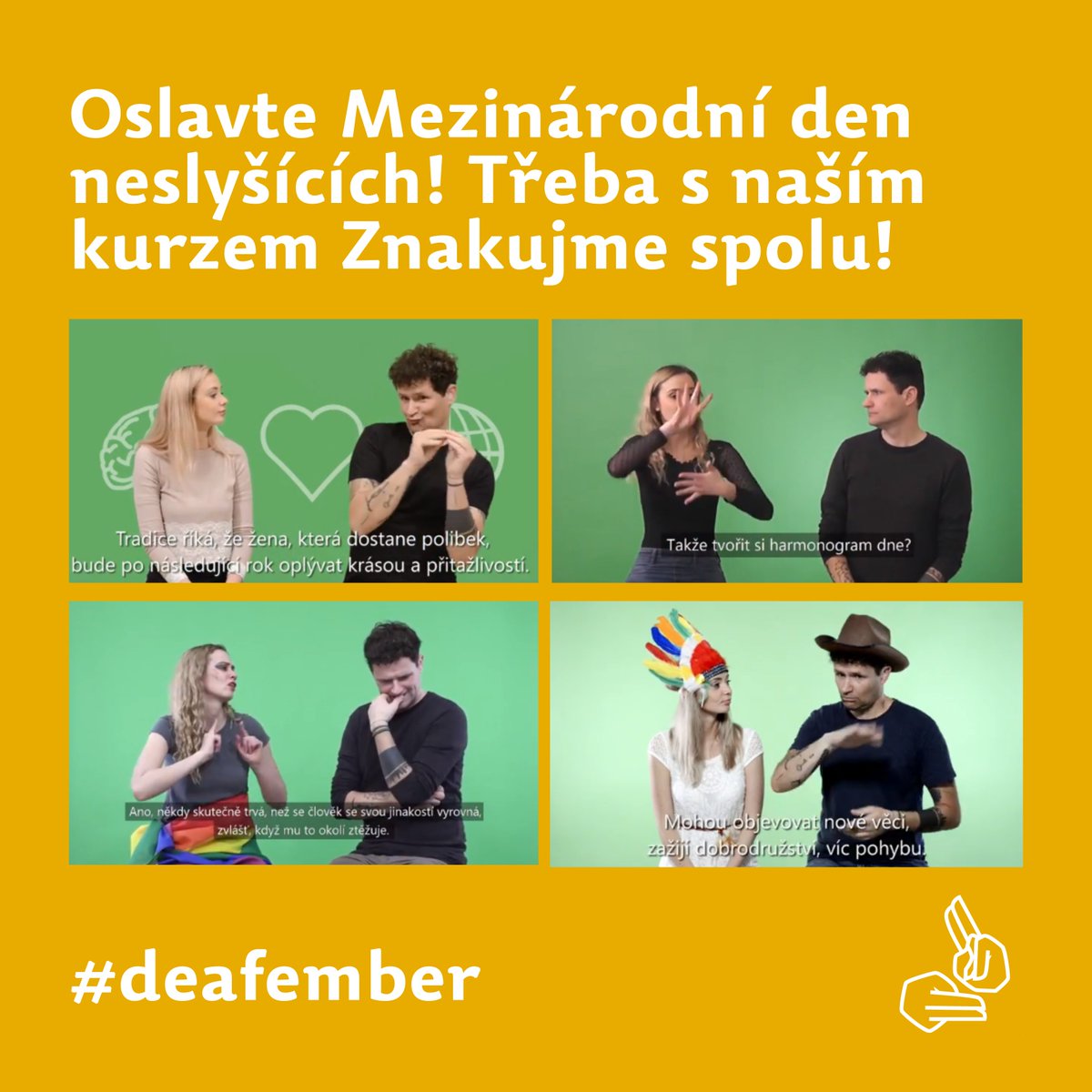 FakultaV's tweet image. Dnes je Mezinárodní den neslyšících, jehož cílem je oslavit diverzitu lidské společnosti a krásu znakových jazyků. Tento svátek – stejně jako kampaň #Deafember – se snaží upoutat pozornost veřejnosti na potřeby komunity Neslyšících a tematizovat sluch a sluchové postižení.