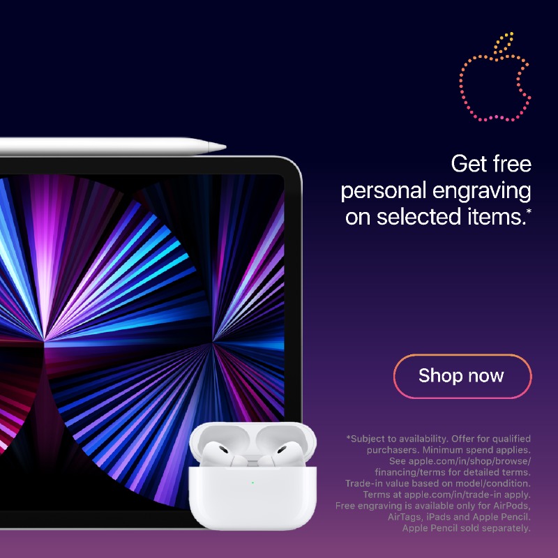 Apple's tweet photo. Plenty to celebrate this festive season. Enjoy instant savings across all products. Save more with Trade-In. Plus get free engraving on selected items.
