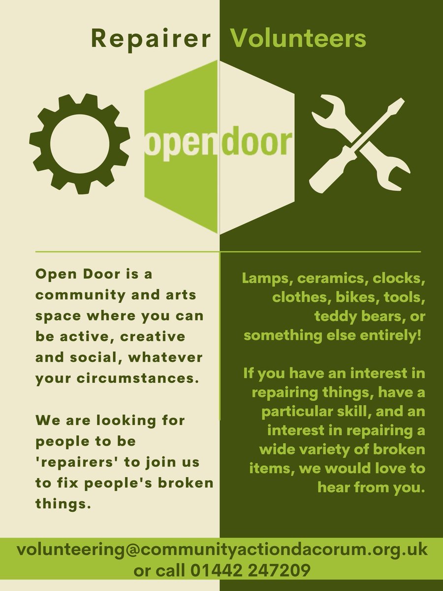 Volunteer Dacorum (@vcdacorum) on Twitter photo If you have an interest in repairing things, have a particular skill, and an interest in repairing a wide variety of broken items, we would love to hear from you.
volunteering@communityactiondacorum.org.uk
or call 01442 247209 If you have an interest in repairing things, have a particular skill, and an interest in repairing a wide variety of broken items, we would love to hear from you.
volunteering@communityactiondacorum.org.uk
or call 01442 247209