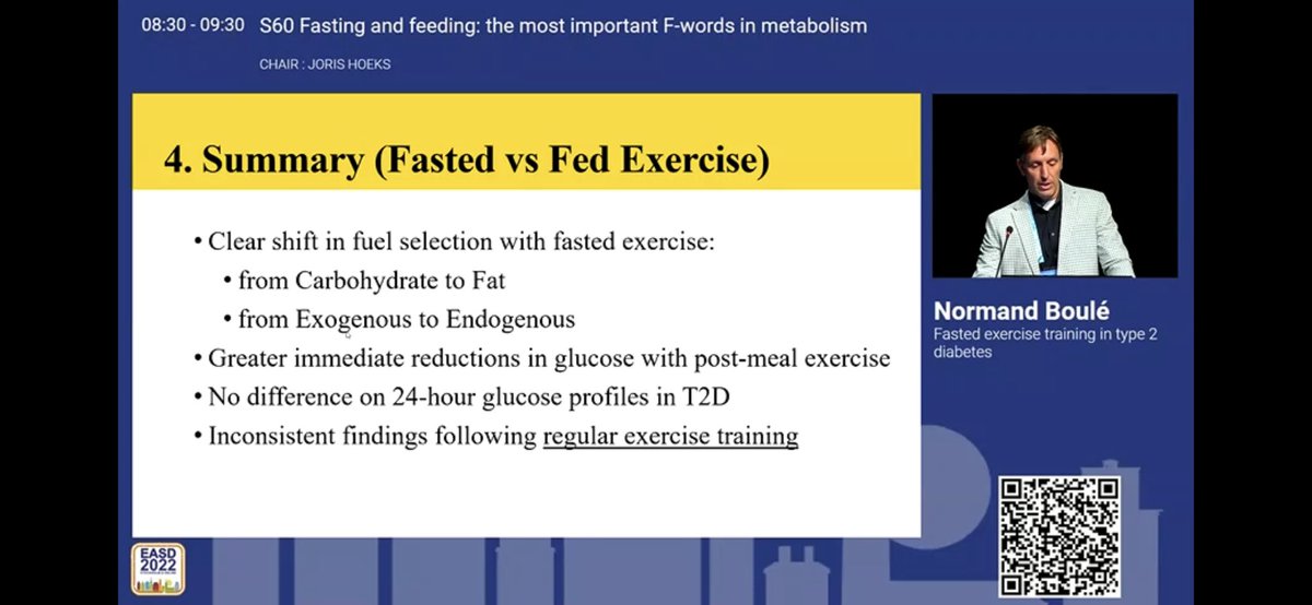 YepezDra's tweet photo. Dr. Boulé: Fasted vs fed exercise seems better, with a bit different response in T2D #EASD2022 https://t.co/KDPiR4hJhY