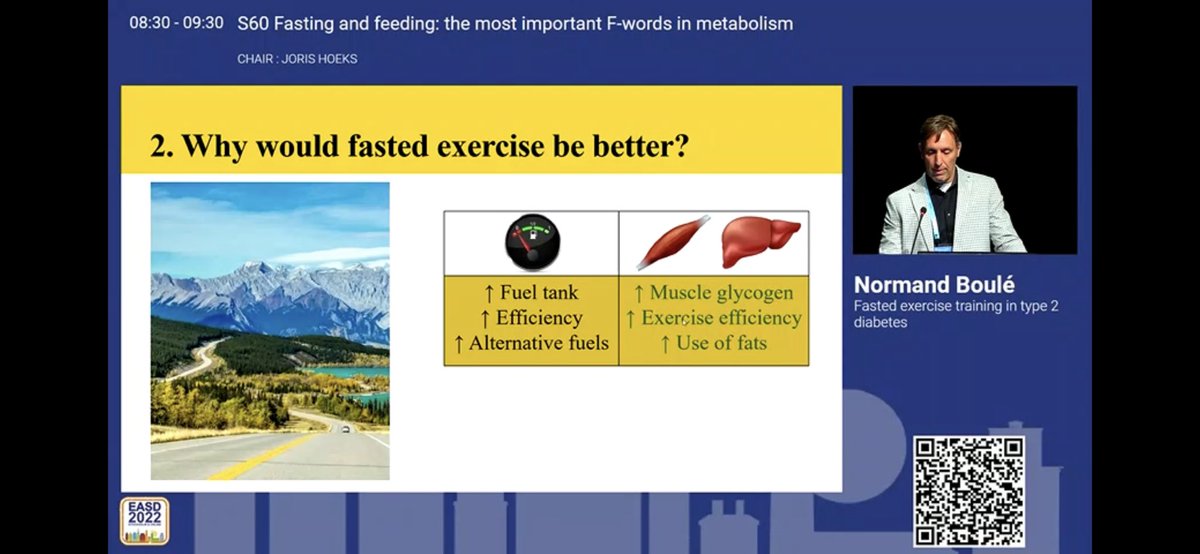 YepezDra's tweet photo. Dr. Boulé: Fasted vs fed exercise seems better, with a bit different response in T2D #EASD2022 https://t.co/KDPiR4hJhY