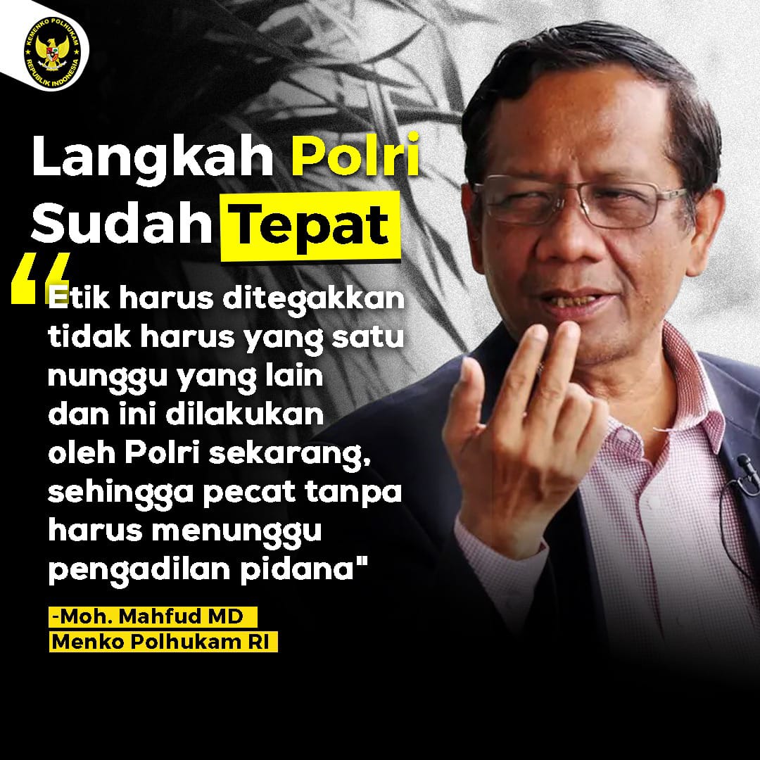Zakiaa25's tweet photo. Moh. Mahfud MD mengatakan bahwa langkah Polri sudah tepat karena semua etik sudah ditegakkan tidak harus menunggu yang lain, sehingga pecat tanpa harus menunggu pengadilan pidana #PutusanTegas
Respon Apresiasi Publik. https://t.co/K9D7PBnRrm