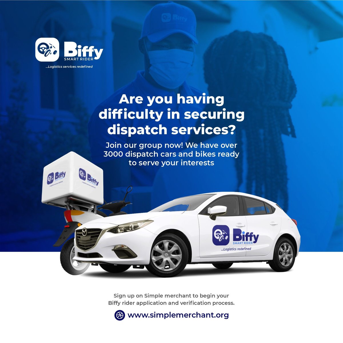 BiffyRider's tweet photo. Do you find it difficult to secure a dispatch service. @Biffyride is here to make your delivery easy, secure and very fast.
To order for our dispatch services visit https://t.co/04vlctKVF1 or https://t.co/otckHdOd5E to register on our platform.
#biffyrider #simplemerchant https://t.co/gCqXZvn2uD