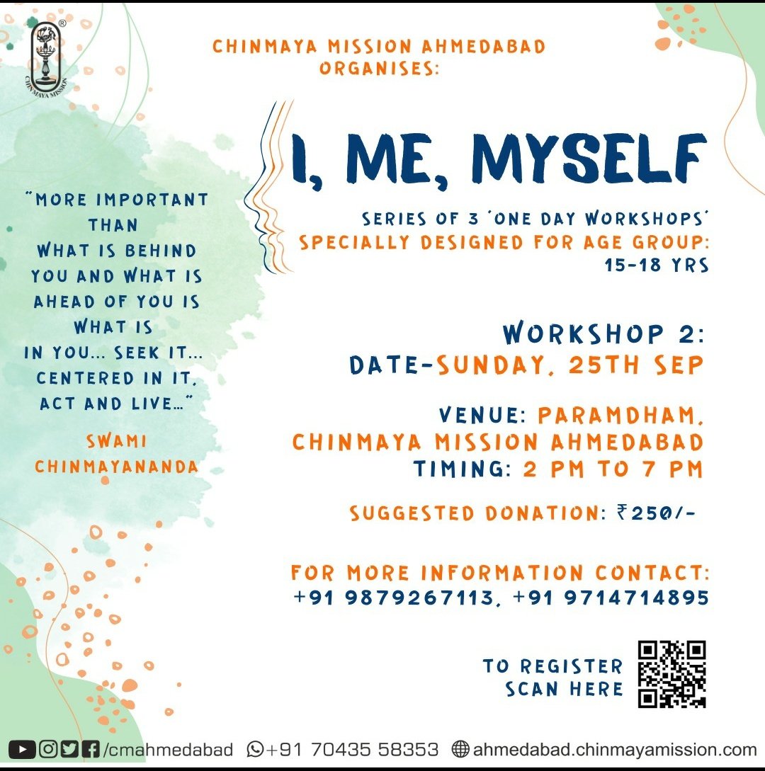 ParikhKewal's tweet photo. Inviting Teenagers to this Identity workshop specially designed for 15 to 18 year agre group... Sunday, Sept 25 (2 - 7pm) at Chinmaya Mission Ahmedabad @cmahmedabad https://t.co/xwA6NP0CCL
