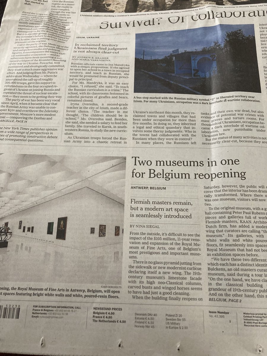 cauwelaert's tweet photo. De Antwerpenaren gaan weer ongenietbaar zijn. Ze staan met hun museum op blz 1 én 2 van ⁦@nytimes⁩ ! https://t.co/smXdMszLQM
