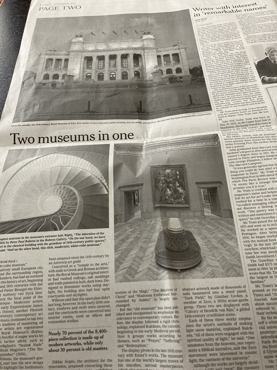 cauwelaert's tweet photo. De Antwerpenaren gaan weer ongenietbaar zijn. Ze staan met hun museum op blz 1 én 2 van ⁦@nytimes⁩ ! https://t.co/smXdMszLQM