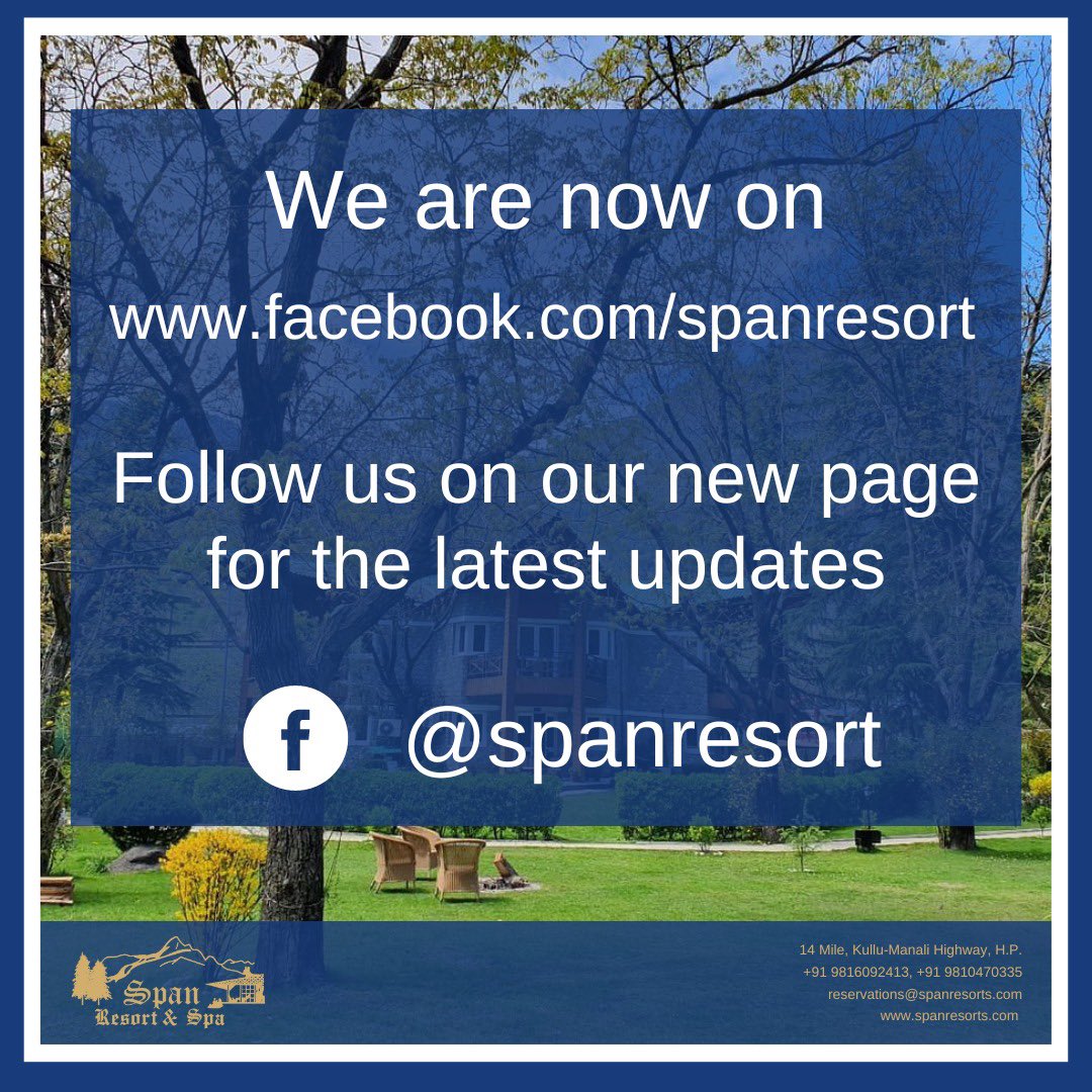 SpanResortnSpa's tweet photo. We are now on https://t.co/w781JbIfTG
Follow us on our new Facebook page for the latest updates.
https://t.co/kU22fk8BiL
#newpagealert #newpage #spanresortsandspa #spanresort #manali #himachalpradesh https://t.co/XHPfkPfWue