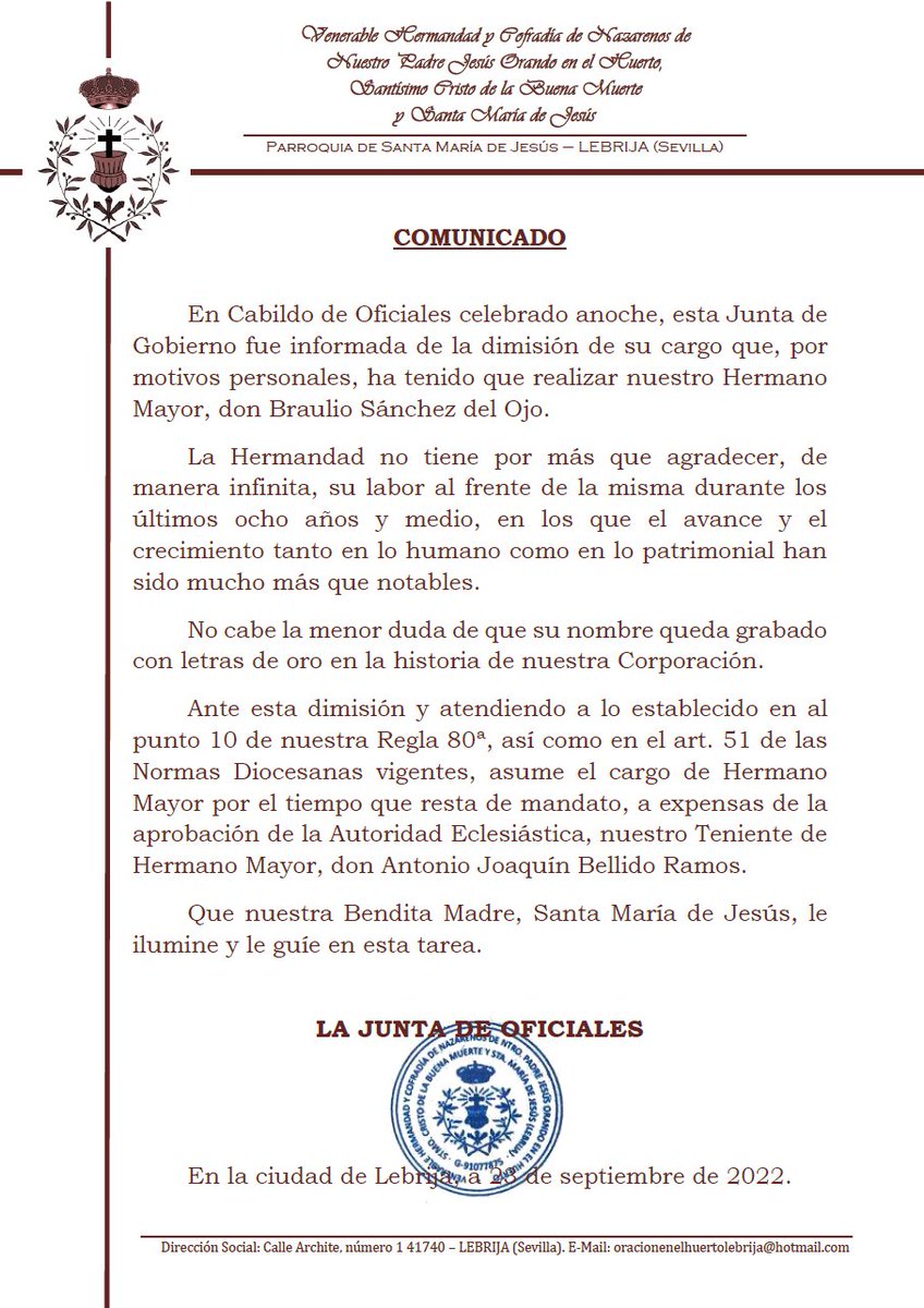 Anoche, nuestro Hermano Mayor, don Braulio Sanchez del Ojo, comunicó a la Junta de Gobierno su dimisión por motivos personales.
Según nuestras Reglas y las Normas Diocesanas dicho cargo pasa a ser ostentado por el Tte. de Hermano Mayor, don Antonio Joaquín Bellido Ramos.