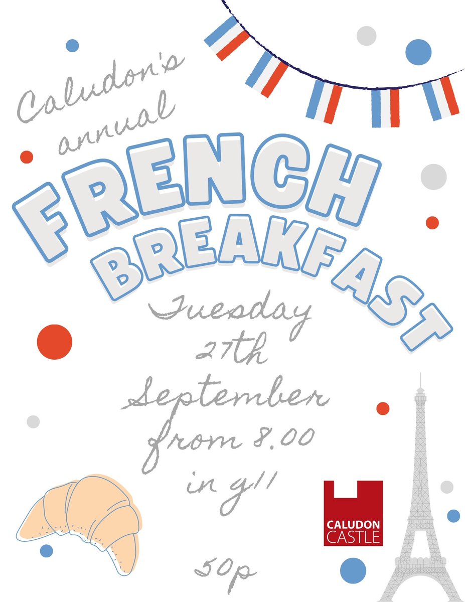 Caludon's tweet photo. Students and staff can come to G11 on Tues 27th Sept from 8am for our annual French breakfast.
Try a range of French pastries with a drink for 50p! #worldlanguagesweek https://t.co/jargfPejnC