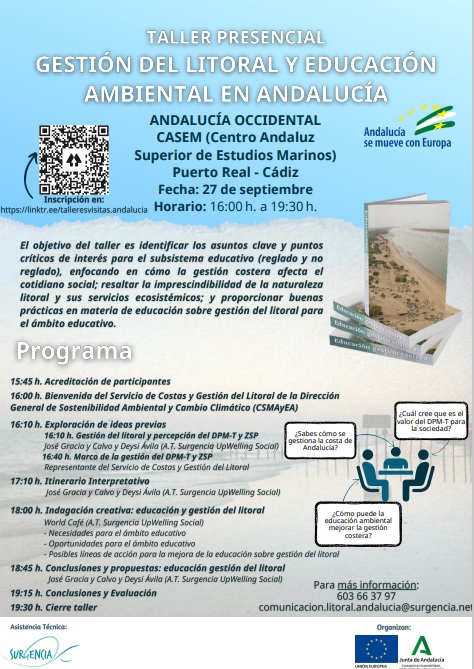 ✍🌊Comienzan los talleres en el #ámbitoeducativo para la #gestióndellitoral en #Andalucía. 
🙍‍♂️🙍‍♀️Talleres presenciales: 
📆27 septiembre, #PuertoReal (#Cádiz) 
📆28 de septiembre, #Marbella (#Málaga)
👀Más info: lajunta.es/3ug0t