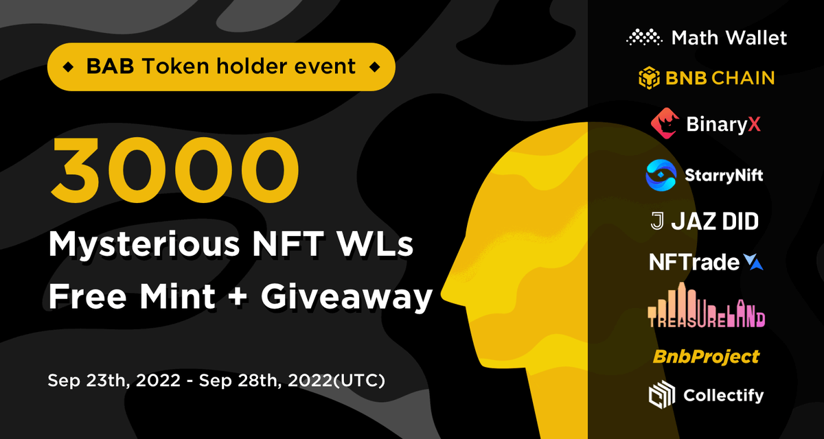 BAB Token holder event!🔥

🎁3000 NFT WLs + Giveaway

To enter: 

🔑Have at least 1 $BAB Token in your wallet
❤️Follow <a href="/MathWallet/">MathWallet</a> &amp; <a href="/BNBCHAIN/">BNB Chain</a> 
🔄RT &amp; @ 3 friends
✅Complete: launchpad.collectify.app/#/participate?…

Powered by <a href="/Collectify_app/">Collectify</a> 

#BNB #Giveaway