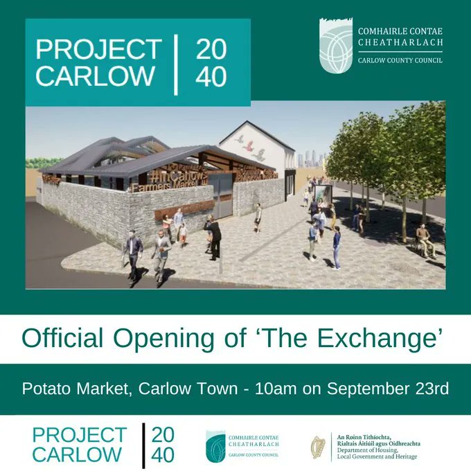 A new multi-functional events centre named ‘The Exchange’ will be officially opened in Potato Market in Carlow Town this morning at 10.00am 
Full details buff.ly/3DH3Ng1  
<a href="/carlow2040/">Project Carlow 2040</a> <a href="/carlow_co_co/">CarlowCountyCouncil</a> <a href="/carlowppn/">Carlow PPN</a> <a href="/localgovire/">Local Government Ireland</a> <a href="/carlowlibraries/">Carlow County Council Public Library Service</a> <a href="/BrianODonoghue1/">Brian O’Donoghue</a> <a href="/carlowchamber/">County Carlow Chamber</a>