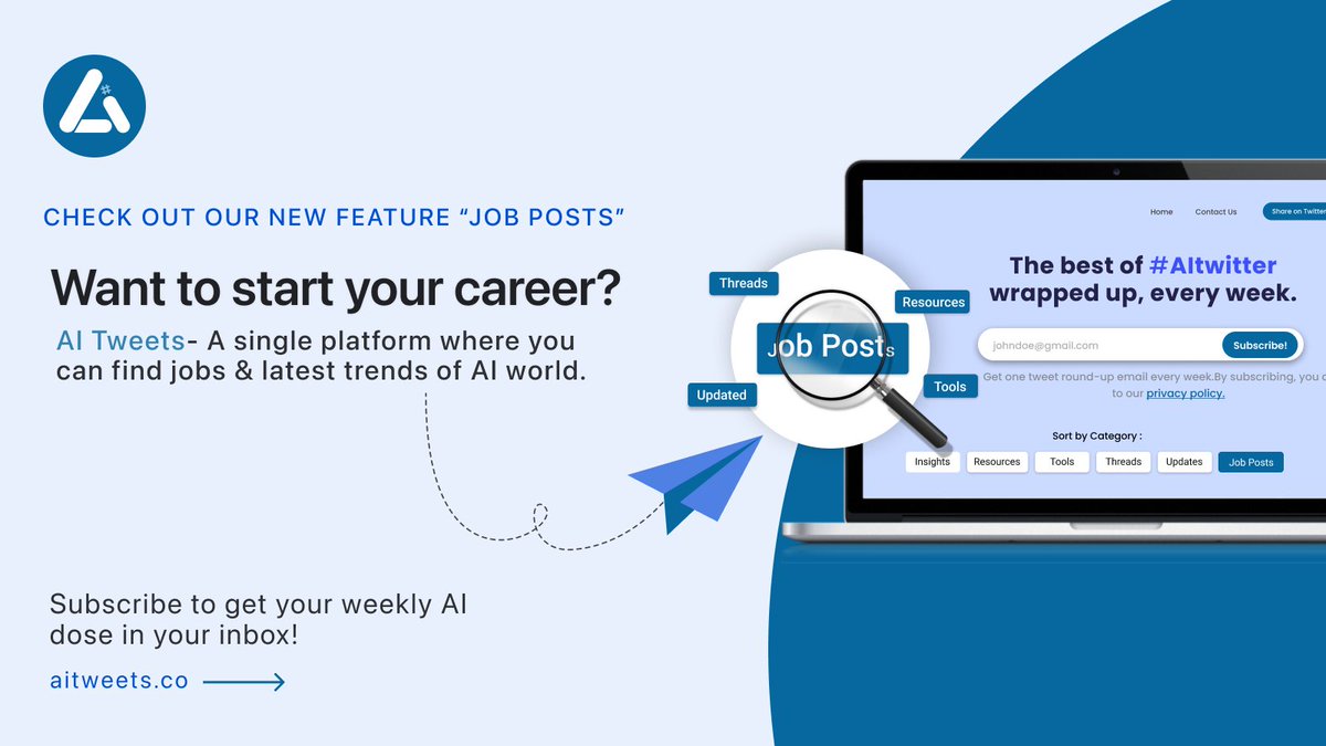 AITweetsco's tweet photo. AITweets is a platform where you can find the latest updates regarding artificial intelligence as well as JOBS!

Head towards 𝑨𝒊𝒕𝒘𝒆𝒆𝒕𝒔.𝒄𝒐 NOW and hit subscribe for the latest trends, jobs, and much more!!!

✅ 𝗦𝘂𝗯𝘀𝗰𝗿𝗶𝗯𝗲: https://t.co/WGlJ48Vn8N ✅ https://t.co/ueSlpkKmEv
