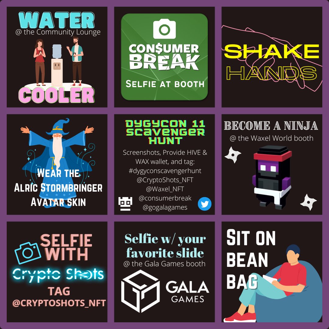Can you complete this blackout #bingo board for DYGYCON 11? 

#dygyconscavengerhunt <a href="/cryptoshots_nft/">Crypto Shots | Web3 Shooter @ HIVE/BTC/WAX/ETH</a> <a href="/Waxel_NFT/">Waxel</a> <a href="/ConsumerBreak/">ConsumerBreak Stream📺🌐</a> <a href="/GoGalaGames/">Gala Games</a> 🎉