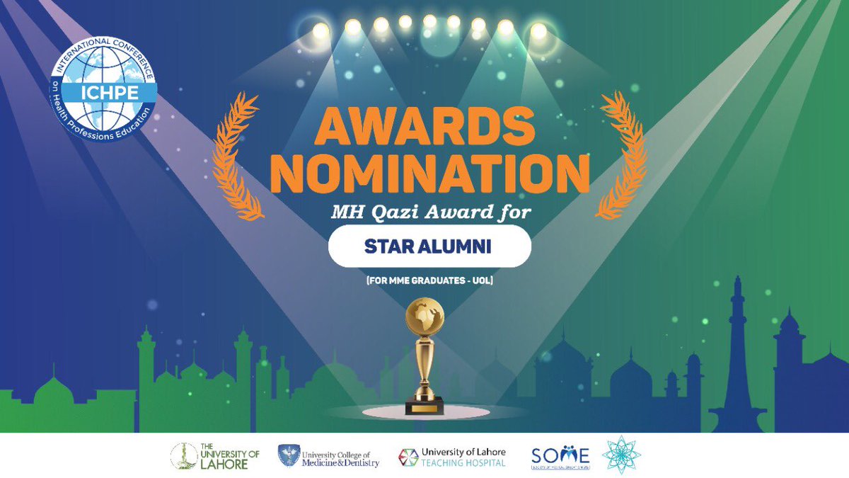 ICHPEofficial's tweet photo. ICHPE-UCMD is accepting nominations for Star Alumni(MH Qazi Award)for MME-UOL graduates 
Submit ur nominations on: https://t.co/fEPT9FAGiM
Deadline for submission is Oct 10th, 2022.Winner will be announced during the 6th ICHPE.#UCMD #UOL #ICHPE #ichpe22 #ICHPEAwards #Alumniawards https://t.co/4WDTw40iHP