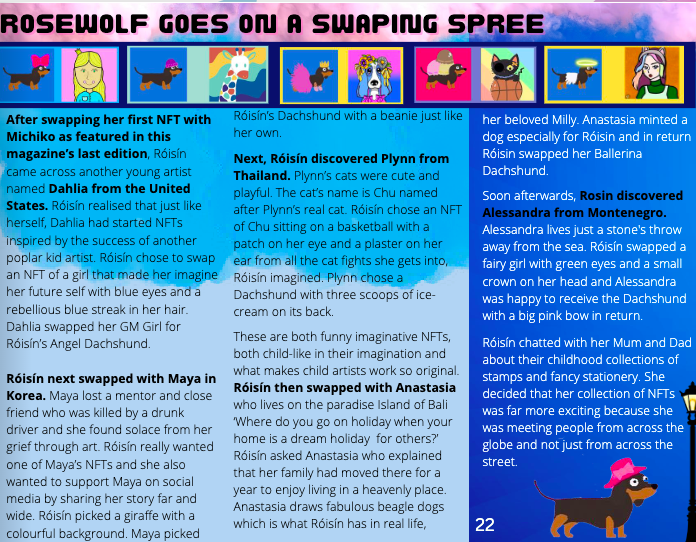 Rosewolf_artist's tweet photo. Read all about my swapping spree....no not shopping spree! Page 22 of the latest issue of the fabulous @nftkidsmag 

#nfts #nftcommunity #nftcollectors #nftswaps https://t.co/IAAna8C58U