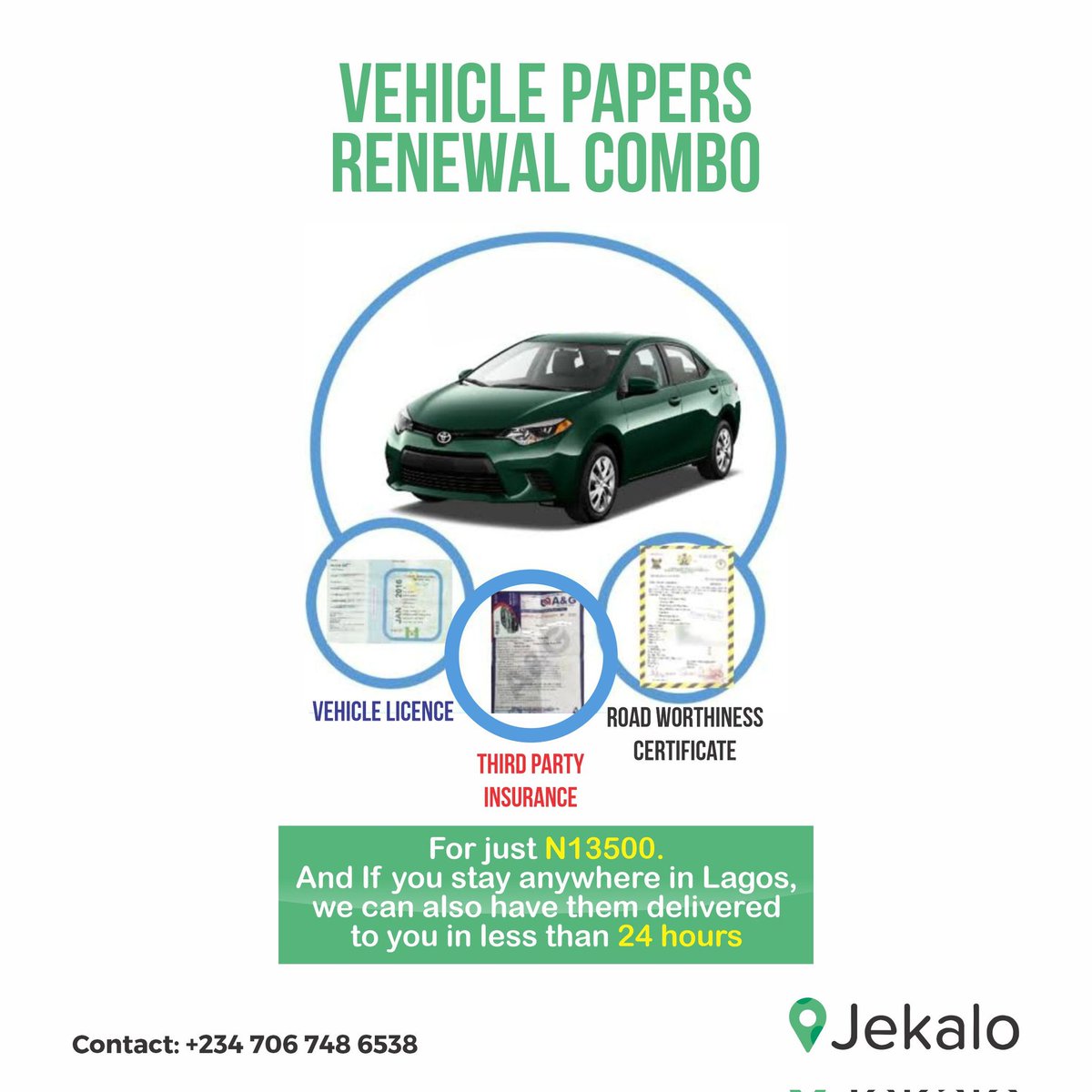 Vehicle papers renewal combo going at a very affordable prize with delivery all around Lagos. 

You won't see this deal elsewhere!