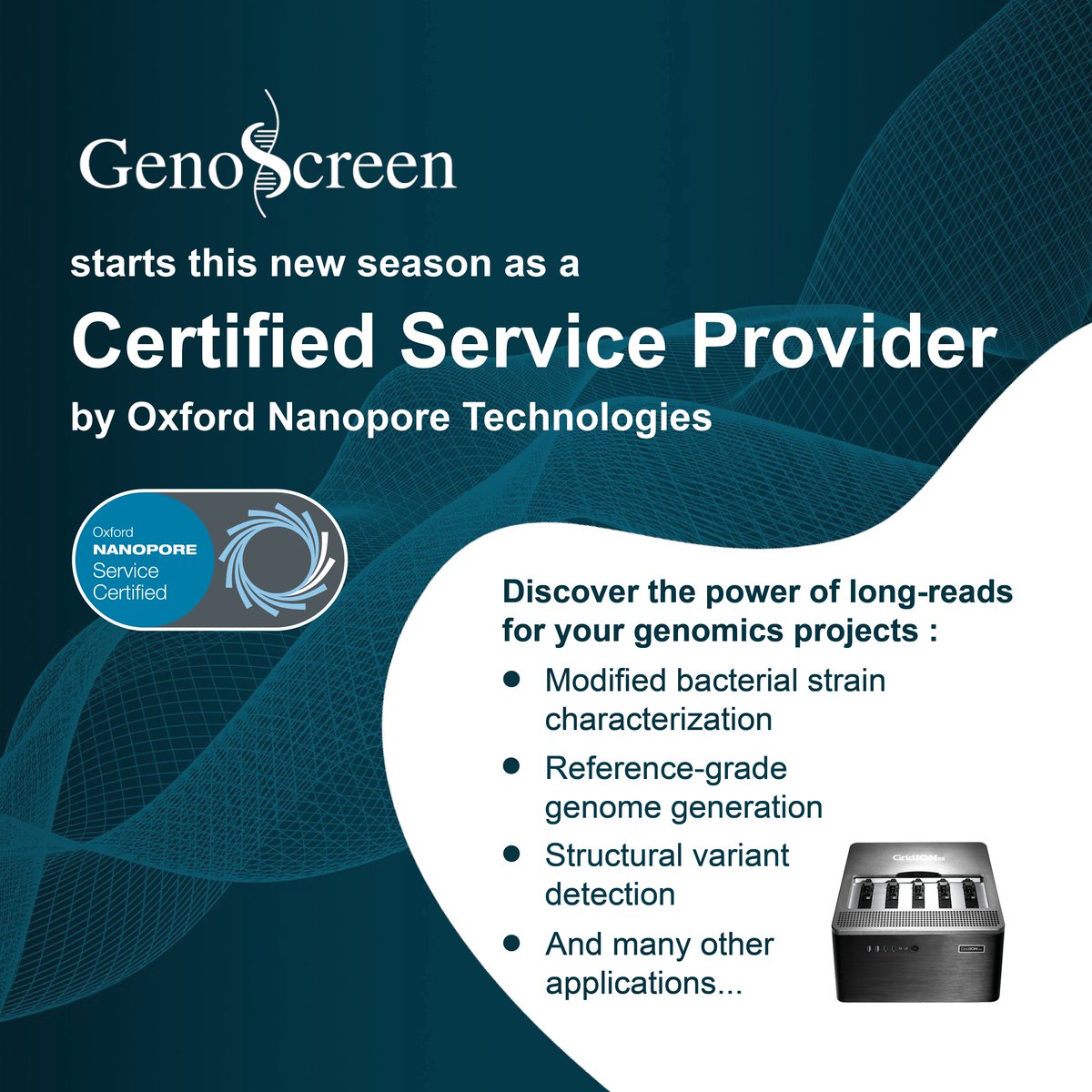 GENOSCREEN (@genoscreen) on Twitter photo 🧬 GenoScreen is pleased to start this new season as a certified service provider by <a href="/nanopore/">Oxford Nanopore</a> to ensure the highest quality standards for your long-read sequencing projects. Stay tuned !
Contact us to know more about our genomic solutions ➡️ ow.ly/56Hv50KR27f 🧬 GenoScreen is pleased to start this new season as a certified service provider by <a href="/nanopore/">Oxford Nanopore</a> to ensure the highest quality standards for your long-read sequencing projects. Stay tuned !
Contact us to know more about our genomic solutions ➡️ ow.ly/56Hv50KR27f