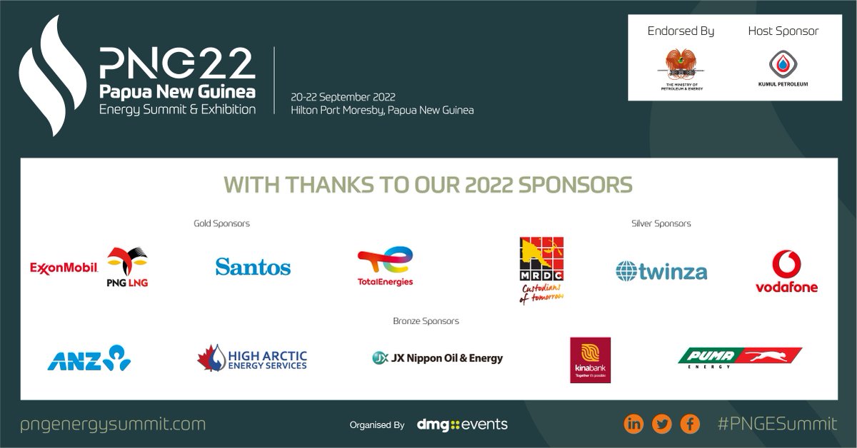 THANK YOU to our Papua New Guinea Energy Summit & Exhibition 2022 Sponsors!
#pngesummit2022 #pngesummit #dmgevents #energyevents #energysector #papuanewguinea #png #energytransition #LNG #gas #energy #delegate #exhibition #energyexhibition #networking #itsawrap #thankyoupartners