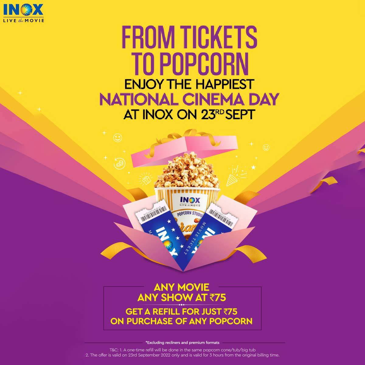INOXMovies's tweet photo. Enjoy a free refill for just Rs 75 on purchase of any popcorn &amp; celebrate #NationalCinemaDay with us in selected cities where you can watch your favourite movies at just Rs. 75!
#Booktickets now if you haven't yet!
#Moviesat75 #Popcorn #FreeRefill #BlockbusterMovies #LiveTheMovie https://t.co/Qmee4jRYYa