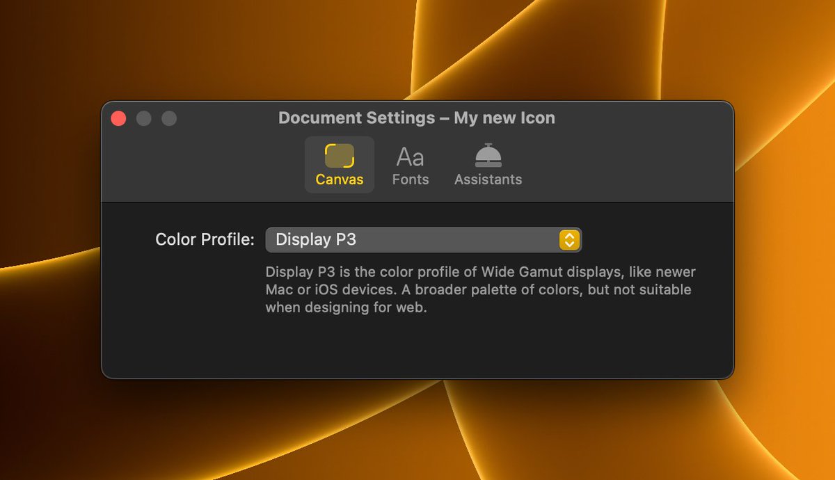 Document settings panel with Display P3 color mode selected