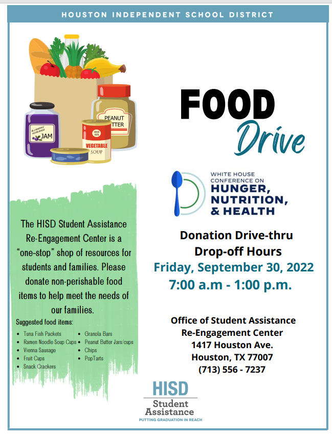 HoustonISD's tweet photo. .@HISDHEO is hosting a #FoodDrive next Friday, September 30, from 7 a.m. - 1 p.m. Please stop by to support #HISD students and families. If you are unable to attend, please consider fulfilling an #AmazonWishlist item: https://t.co/OcXaKi17iy https://t.co/Y7QYi1dlwu