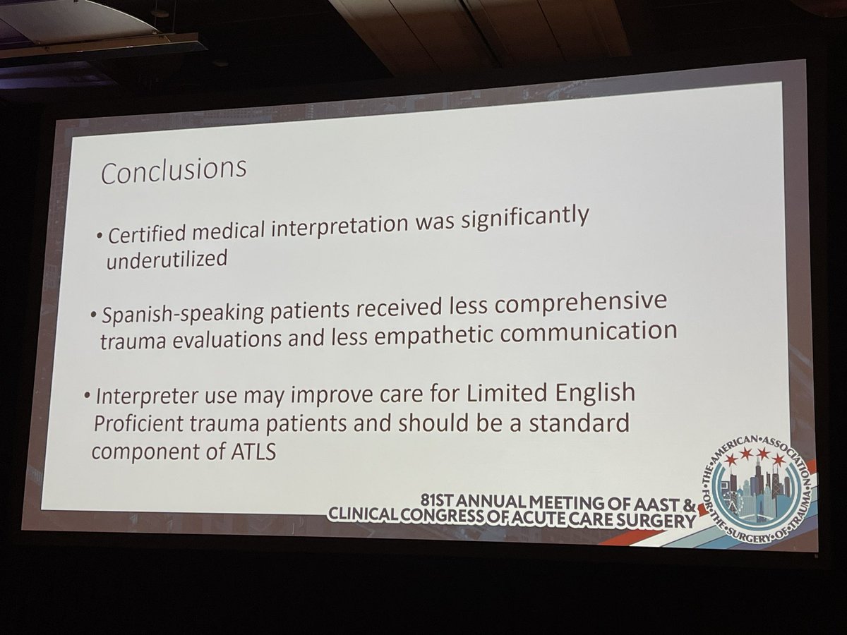 jaydoucet's tweet photo. Souma Kundu, MS4 @UCSDMedSchool does a professional job at the #AAST2022 podium discussing degraded care with lack of interpreter use for Spanish speaking trauma patients - should evidence of adequate interpreter/language in the trauma bay should be @acscot verification criteria? https://t.co/yKC6bQdUtE