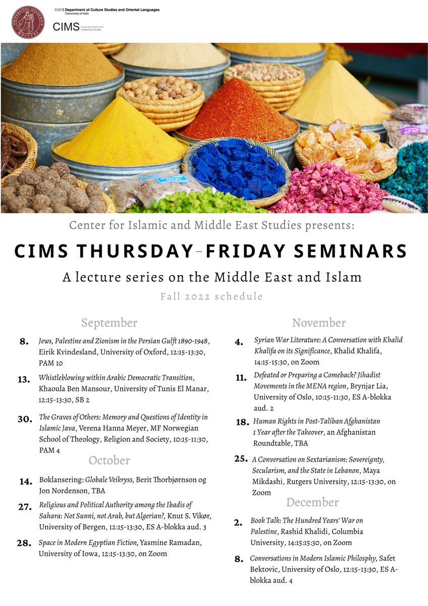 We are proud to announce this Fall's CIMS seminar schedule! There will be an exciting program with guests who presents on different topics investigating traditions, history, languages, religions, and literature of the Middle East, in person or virtually. We hope you join us!