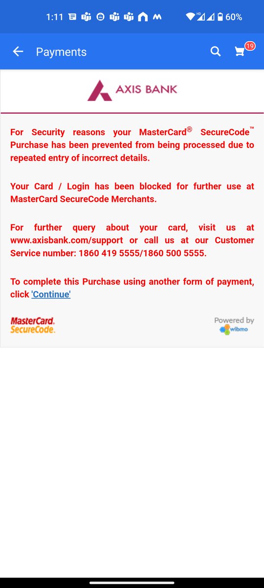 av0li's tweet photo. @AxisBank @Flipkart For the last 2 days this is what I get when I try to use my Flipkart Axis Bank credit card for purchase on Flipkart. Customer care executives said that this will be resolved within 24 hours, but still no change. Please help. #AxisBank #Flipkart https://t.co/4WnL57siXk