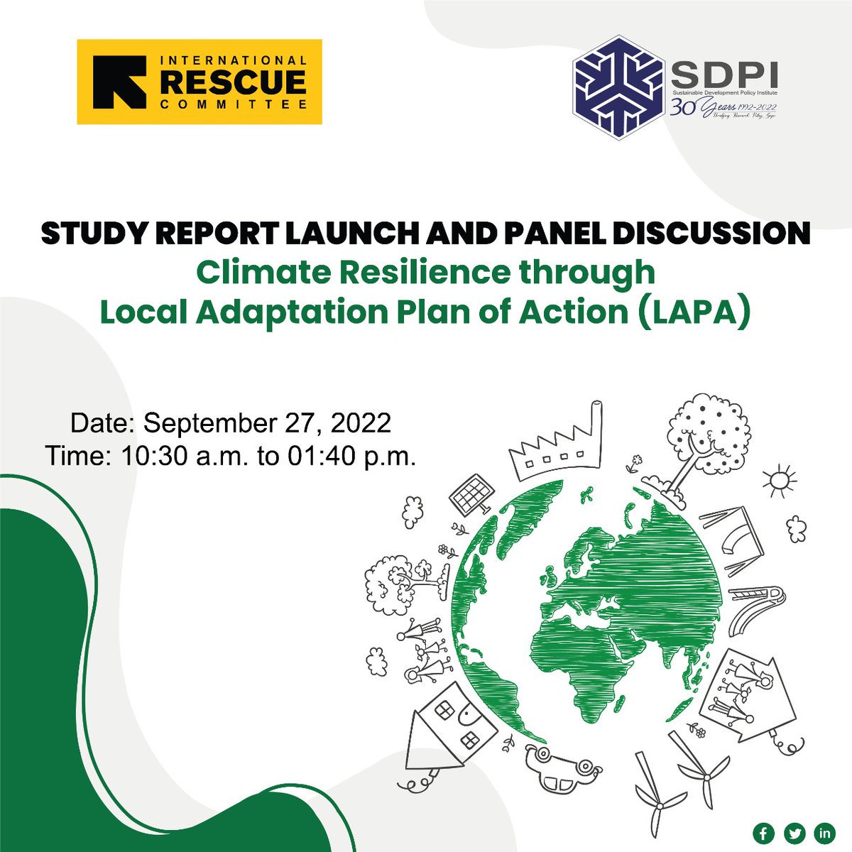 SDPIPakistan's tweet photo. 📣SDPI in collaboration with @RESCUEorg is pleased to invite you to the Study Report Launch &amp; Panel Discussion on Climate Resilience through Local Adaptation Plan of Action (LAPA)
🗓Sept 27th
⏰️10:30am-1:40pm
#LAPA #ClimateAction https://t.co/TDxWRicjP1
