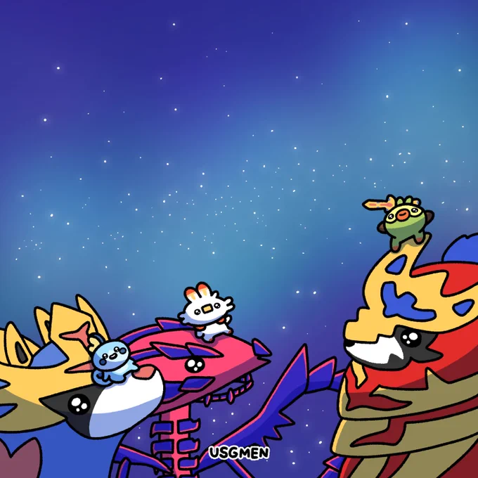 星を眺める伝説のポケモンと御三家 